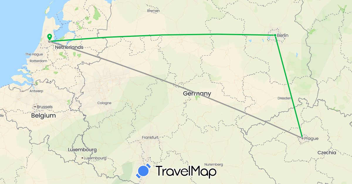 TravelMap itinerary: driving, bus, plane in Czech Republic, Germany, Netherlands (Europe)